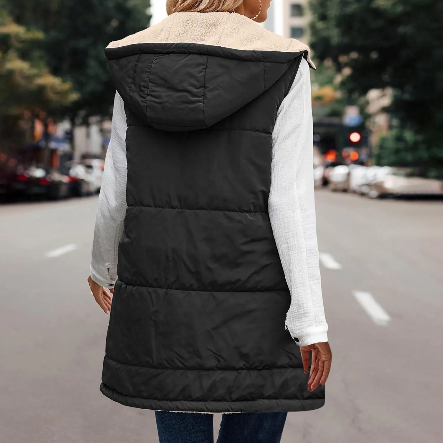 Women's Long Puffer Vest Fashion Sleeveless Hooded Jacket Winter Coats Zip Warm Outdoor Quilted Down Vest Padded Coat