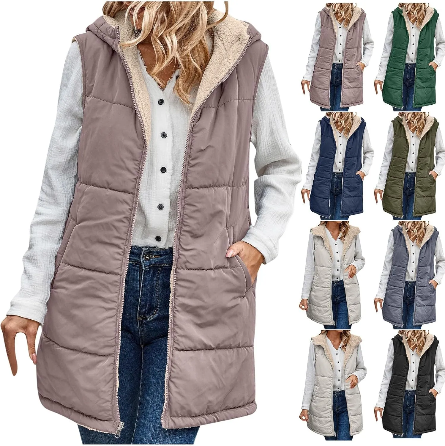 Women's Long Puffer Vest Fashion Sleeveless Hooded Jacket Winter Coats Zip Warm Outdoor Quilted Down Vest Padded Coat