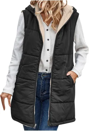 Women's Long Puffer Vest Fashion Sleeveless Hooded Jacket Winter Coats Zip Warm Outdoor Quilted Down Vest Padded Coat