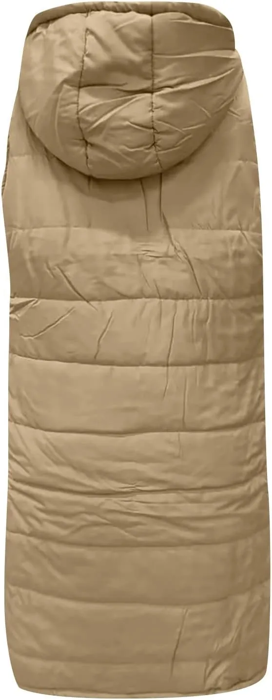 Womens Long Puffer Vest Winter Casual Sleeveless Full Zip Hooded Puffer Jacket Packable Lightweight Quilted Jacket Down Coats