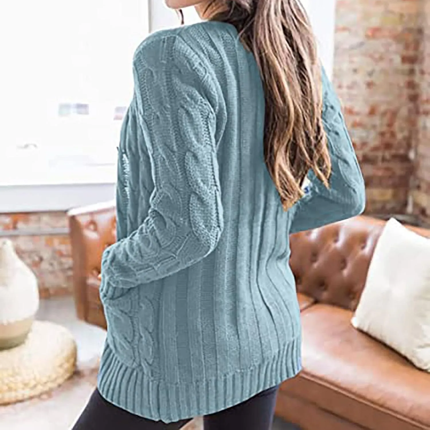 Women's Long Sleeve Cable Knit Cardigan Coats 2024 Fall Winter Fashion Button Down Chunky Soft Outwear with Pockets