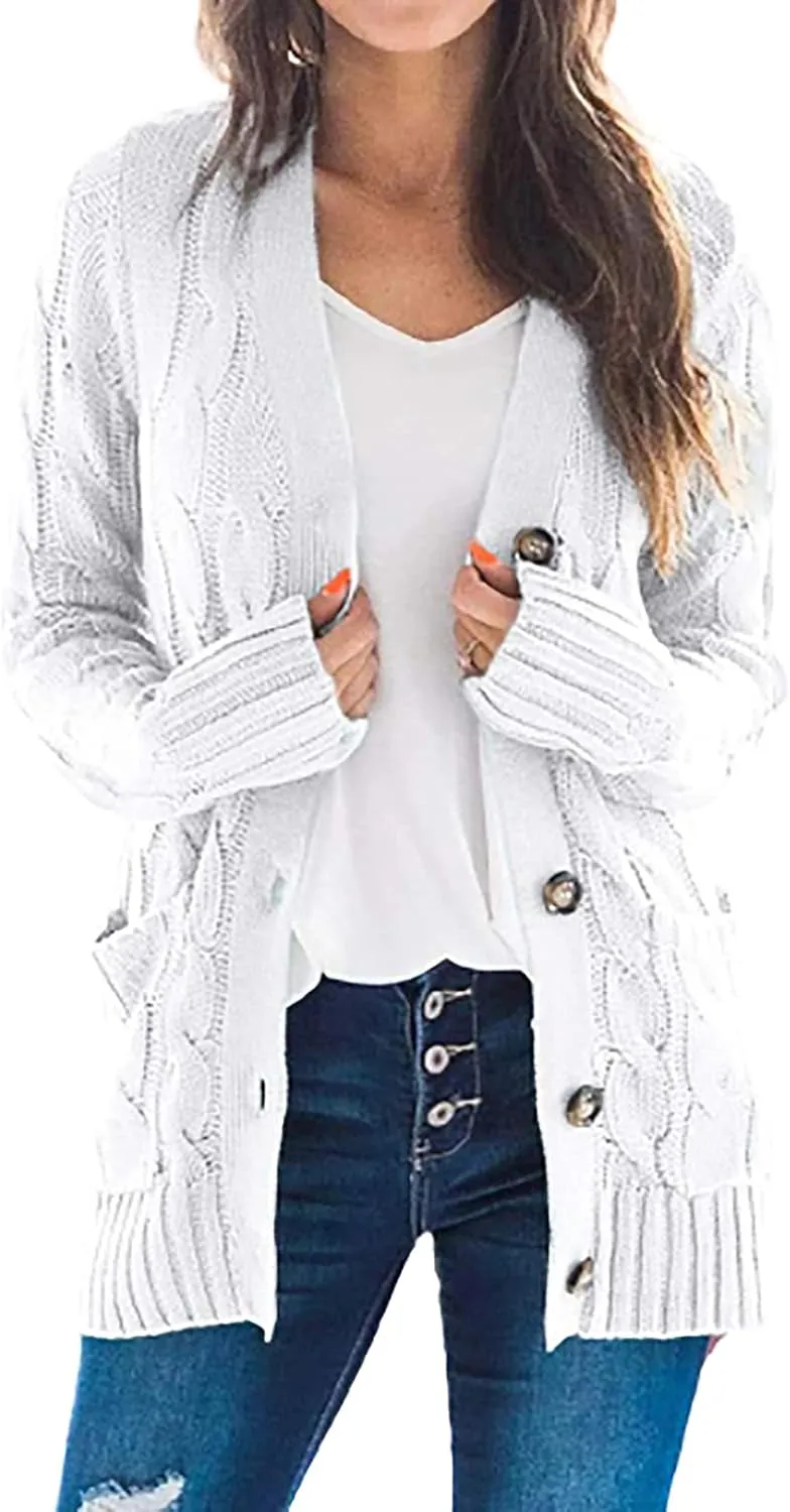Women's Long Sleeve Cable Knit Cardigan Coats 2024 Fall Winter Fashion Button Down Chunky Soft Outwear with Pockets
