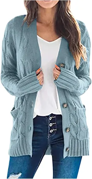 Women's Long Sleeve Cable Knit Cardigan Coats 2024 Fall Winter Fashion Button Down Chunky Soft Outwear with Pockets