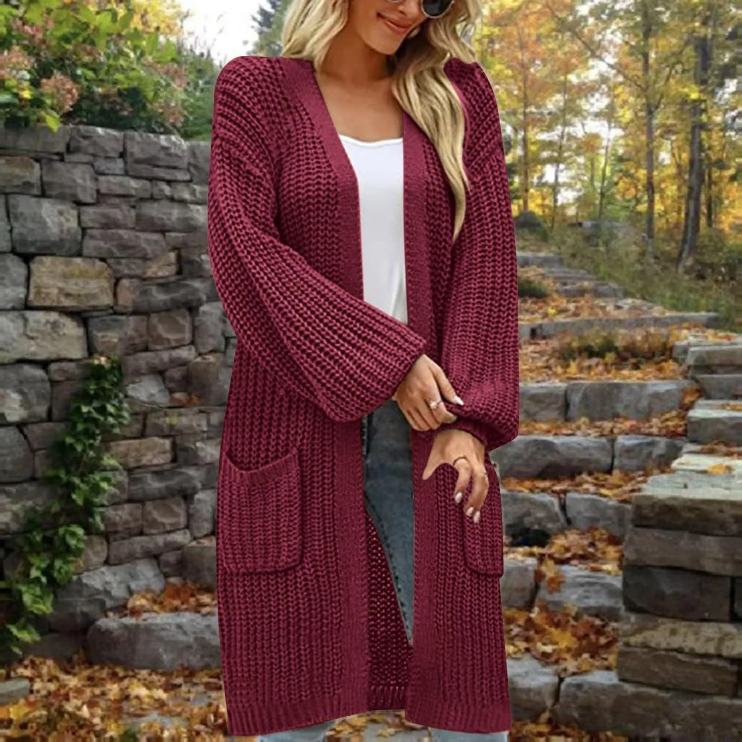 Womens Long Sleeve Cable Knit Long Cardigan Open Front Button Sweater Outerwear 2023 Fall Winter Flowy Soft Outerwear