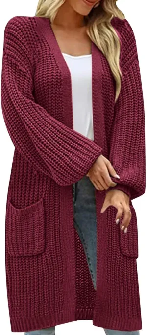 Womens Long Sleeve Cable Knit Long Cardigan Open Front Button Sweater Outerwear 2023 Fall Winter Flowy Soft Outerwear