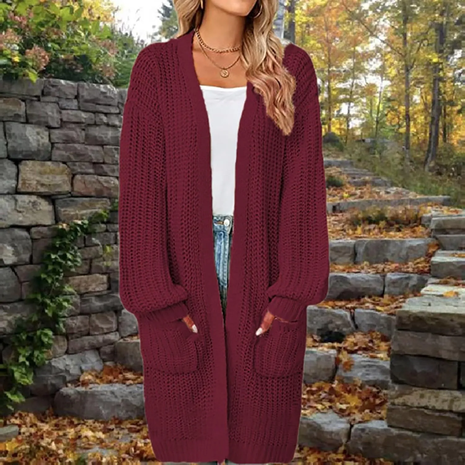 Womens Long Sleeve Cable Knit Long Cardigan Open Front Button Sweater Outerwear 2023 Fall Winter Flowy Soft Outerwear
