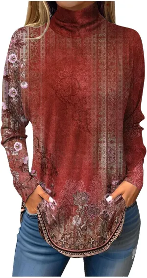 Womens Long Sleeve Tops Printing Long Sleeve T Shirt High Neck Classic Outfits Winter Trendy Cute Pullover Tops