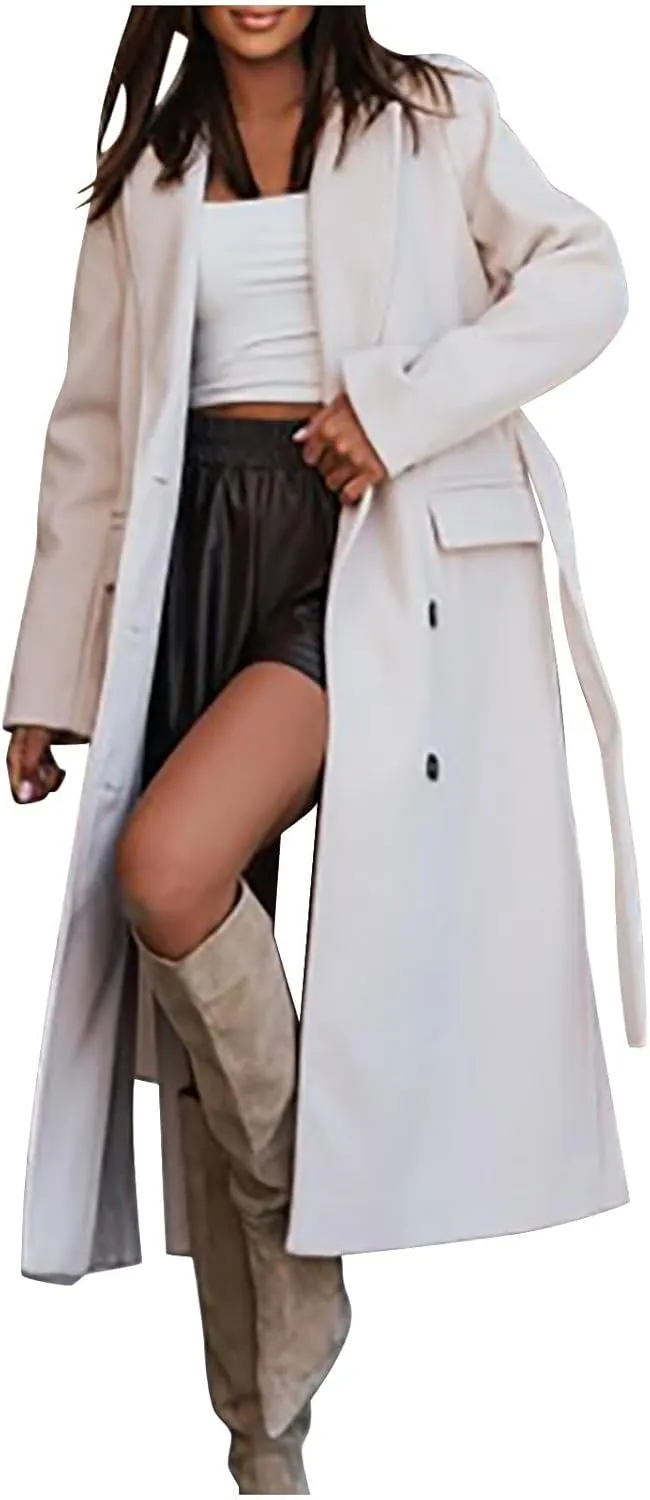 Womens Long Trench Coat Oversized Double Breasted Lapel Overcoat Outerwear with Belt 2024 Fall Winter Clothes