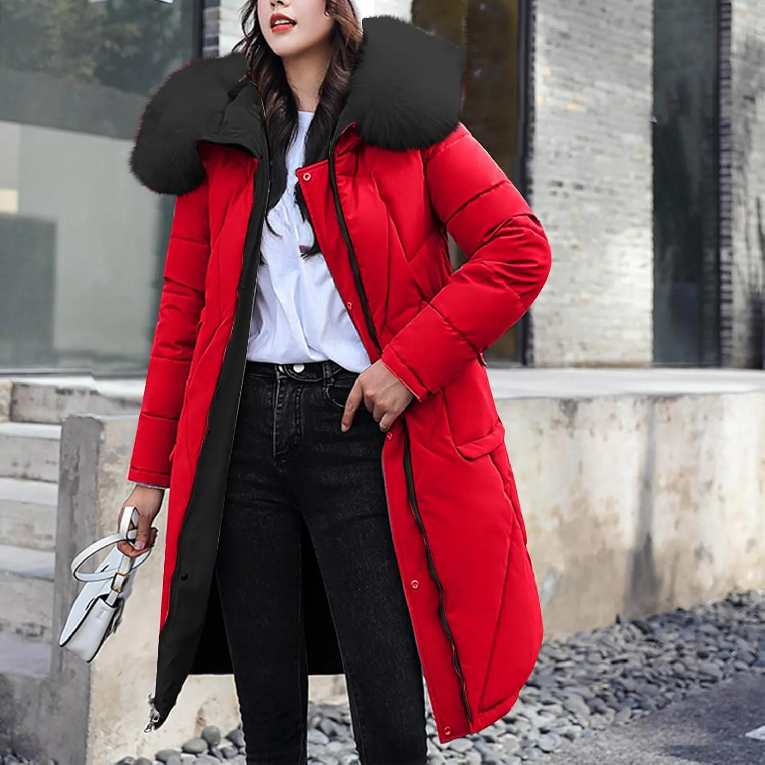 Women's Long Winter Coats Faux Fur Hooded Parkas Down Jackets Full Zip Windbreaker Puffer Coats Snow Warm Overcoat