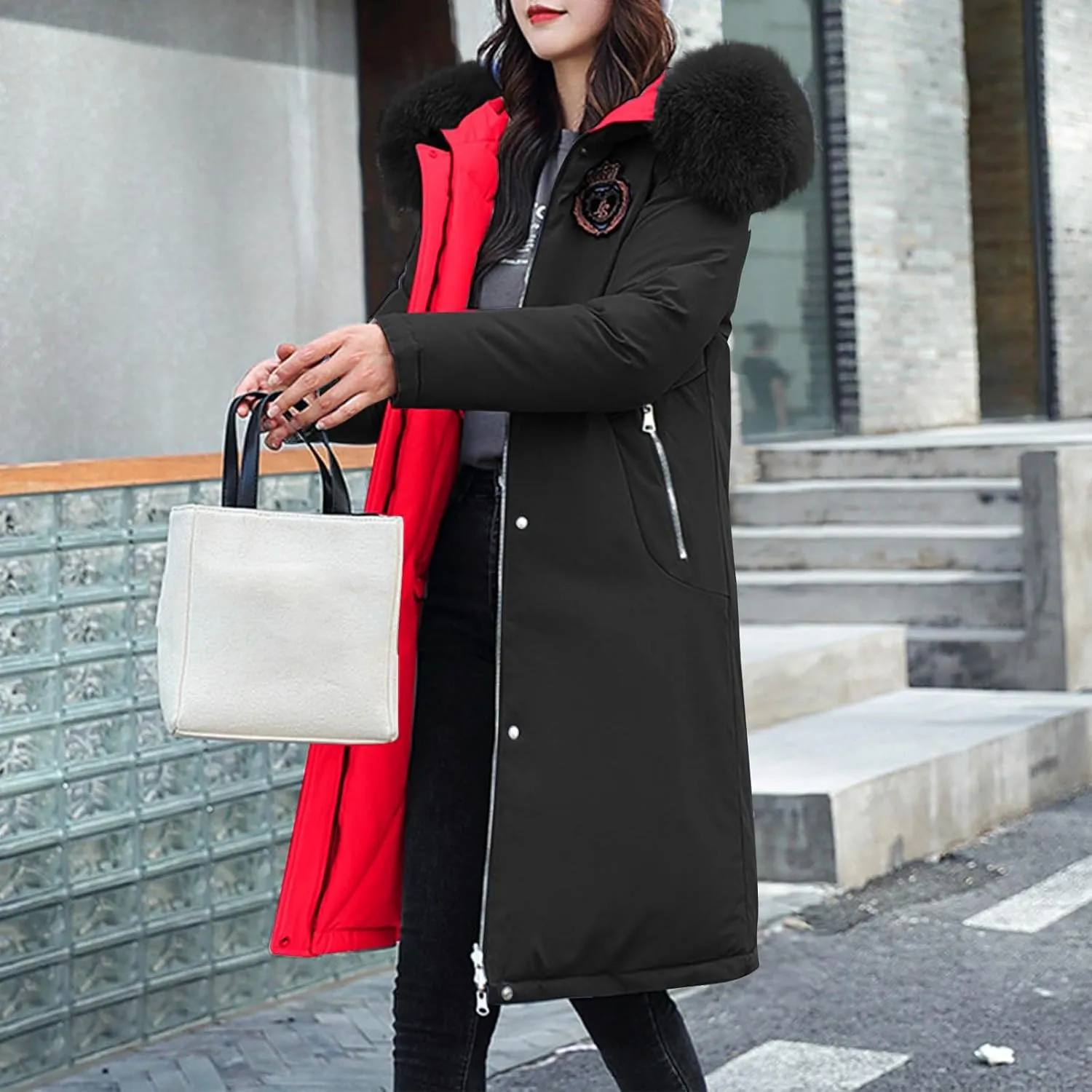 Women's Long Winter Coats Faux Fur Hooded Parkas Down Jackets Full Zip Windbreaker Puffer Coats Snow Warm Overcoat