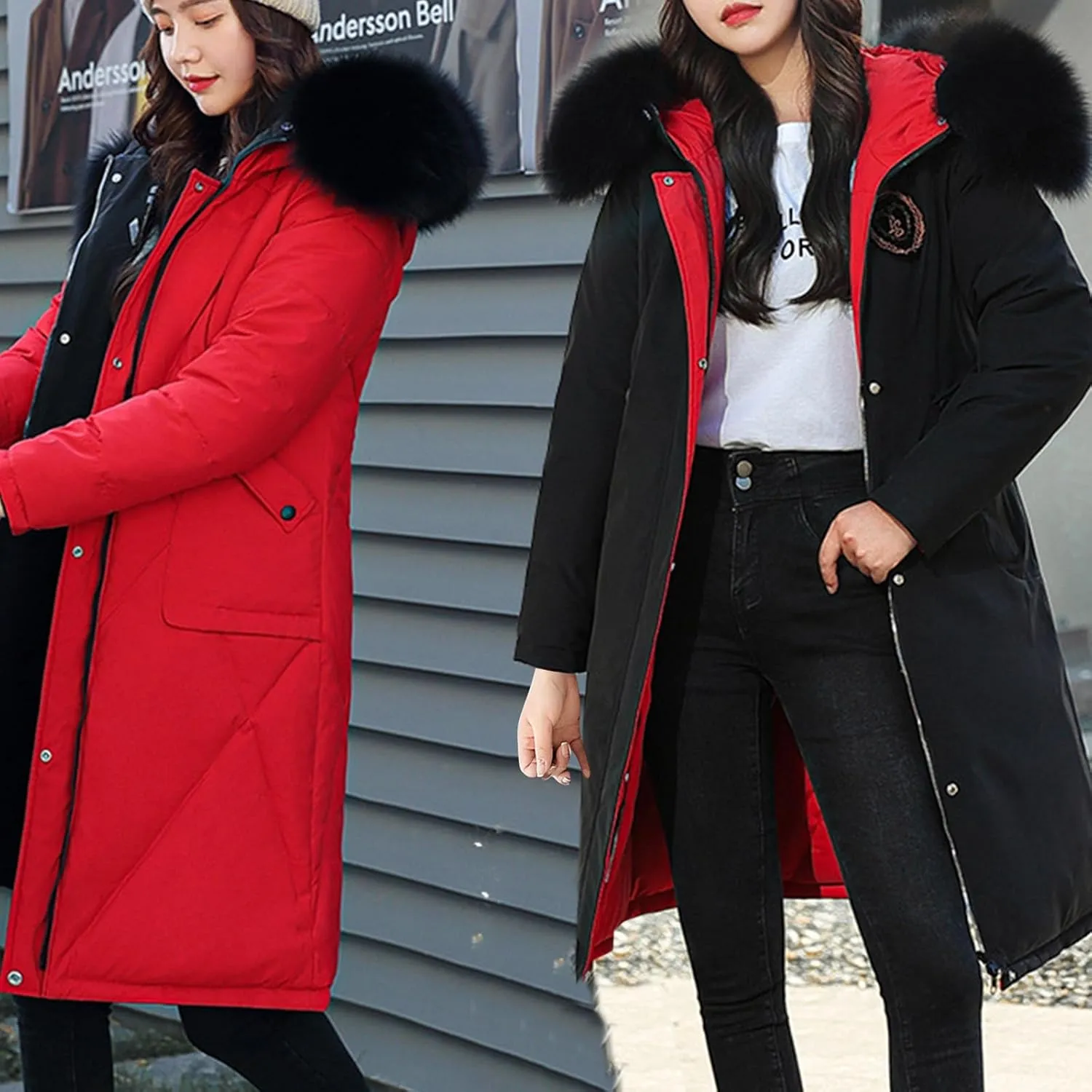 Women's Long Winter Coats Faux Fur Hooded Parkas Down Jackets Full Zip Windbreaker Puffer Coats Snow Warm Overcoat