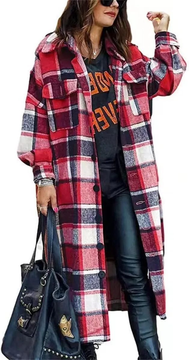 Women's Plaid Shacket Jacket Long Sleeve Flannel Long Shirt Coat Lapel Button Up Lounge Tartan Outerwear with Pockets