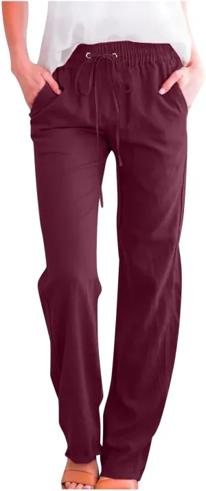 Women's Plus Size Summer Pants Straight Leg Linen Pants High Waisted Pants Loose Beach Pants Casual Vacation Trousers