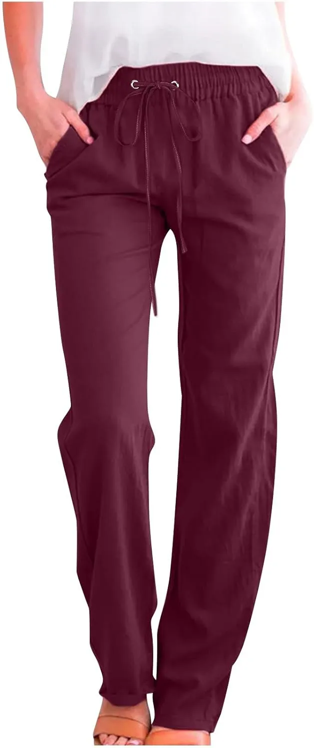 Women's Plus Size Summer Pants Straight Leg Linen Pants High Waisted Pants Loose Beach Pants Casual Vacation Trousers