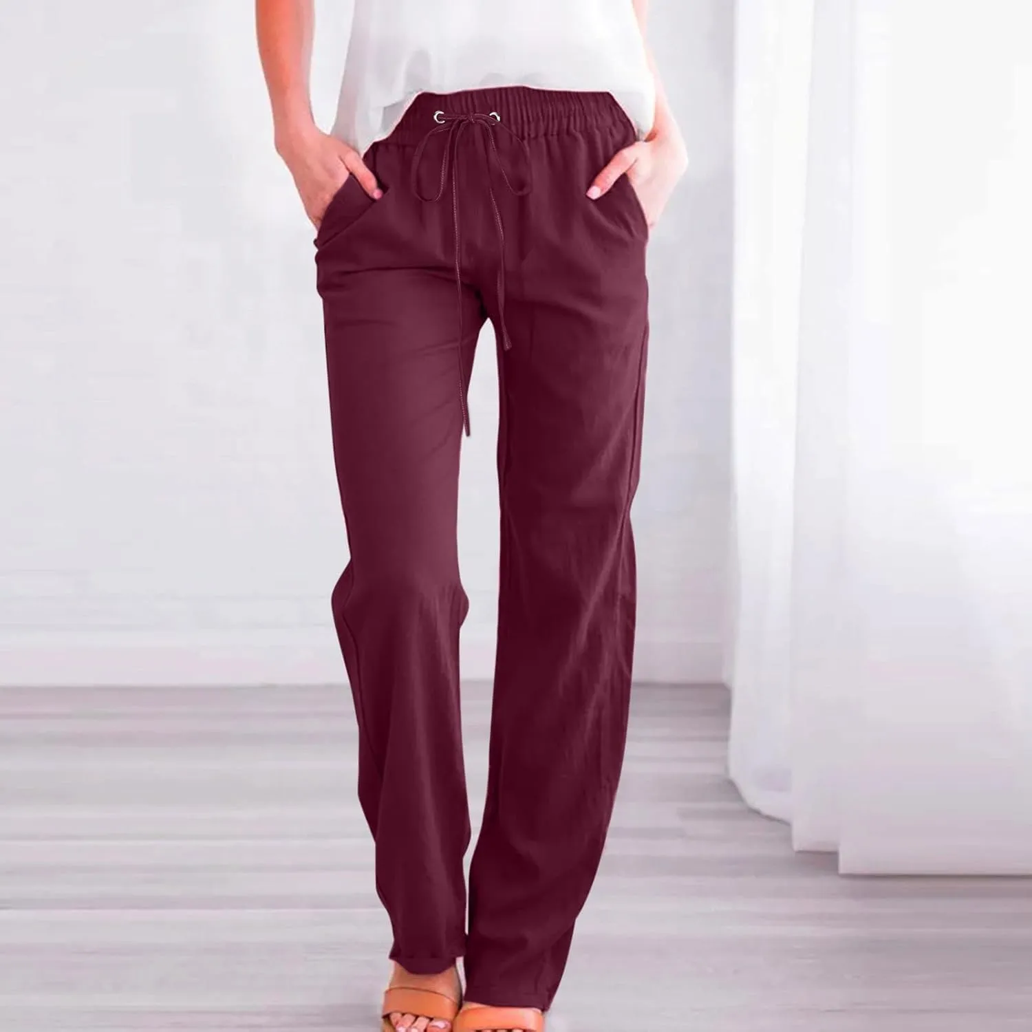 Women's Plus Size Summer Pants Straight Leg Linen Pants High Waisted Pants Loose Beach Pants Casual Vacation Trousers