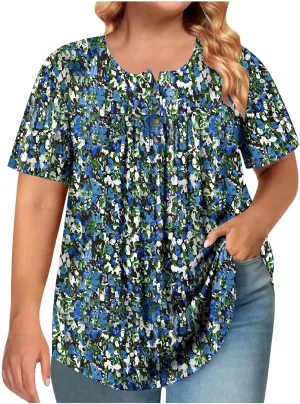 Women's Plus Size Tops Casual Summer Pleated Button Up Crewneck Tunic Shirt Loose Fit Short Sleeve Printed Blouses