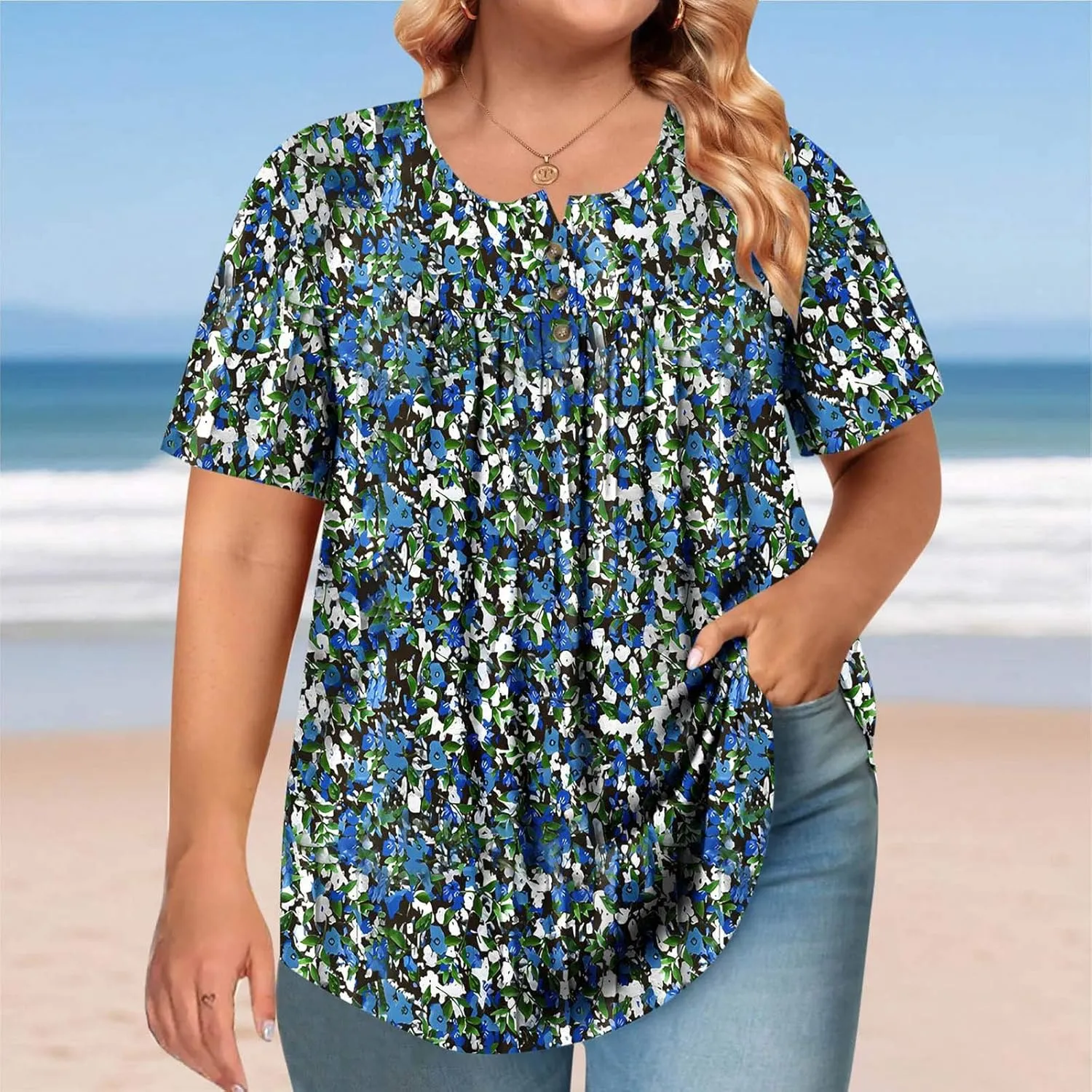 Women's Plus Size Tops Casual Summer Pleated Button Up Crewneck Tunic Shirt Loose Fit Short Sleeve Printed Blouses