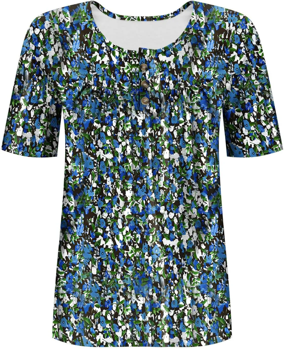 Women's Plus Size Tops Casual Summer Pleated Button Up Crewneck Tunic Shirt Loose Fit Short Sleeve Printed Blouses