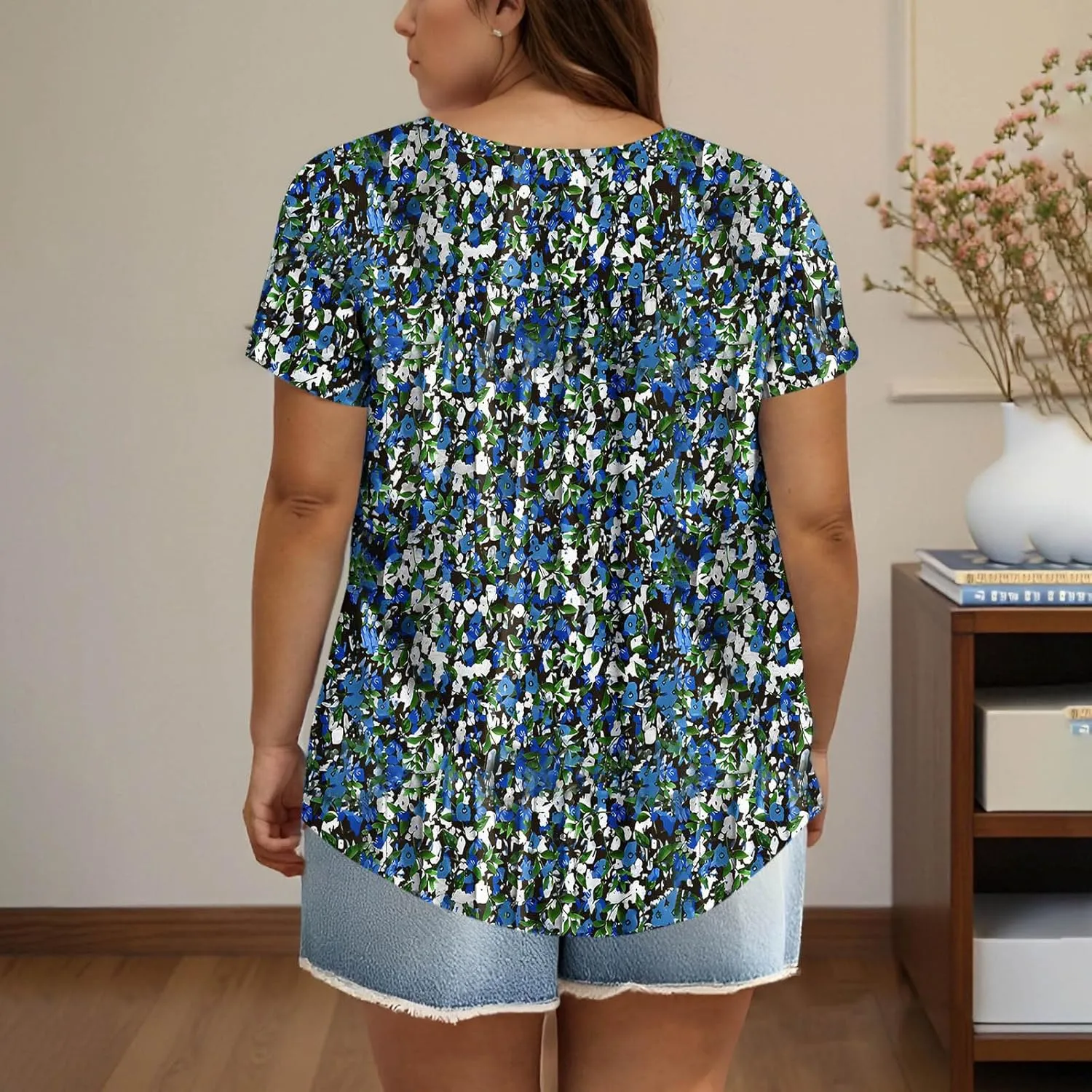 Women's Plus Size Tops Casual Summer Pleated Button Up Crewneck Tunic Shirt Loose Fit Short Sleeve Printed Blouses