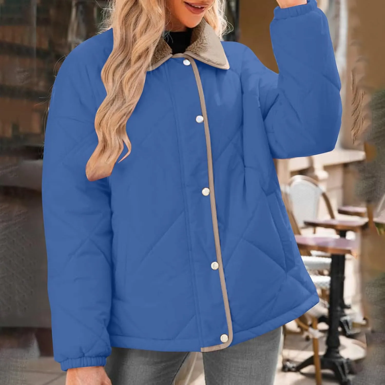 Womens Quilted Lightweight Jackets Button Down Puffer Jacket with Fleece Lapel Winter Coats Padded Down Coats Outwear
