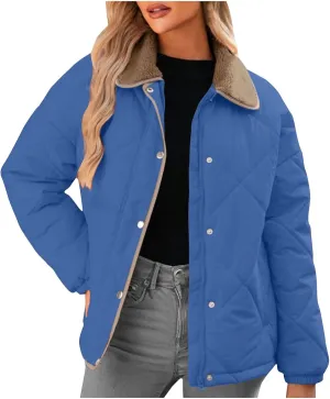 Womens Quilted Lightweight Jackets Button Down Puffer Jacket with Fleece Lapel Winter Coats Padded Down Coats Outwear