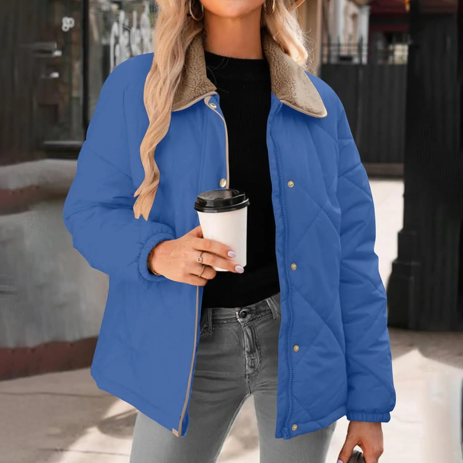 Womens Quilted Lightweight Jackets Button Down Puffer Jacket with Fleece Lapel Winter Coats Padded Down Coats Outwear