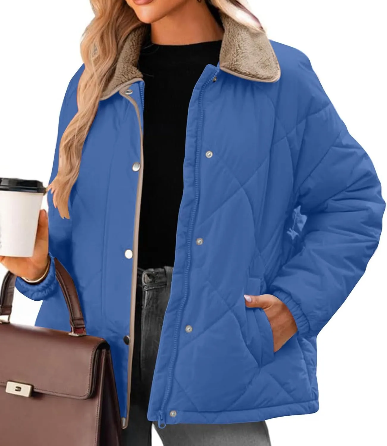 Womens Quilted Lightweight Jackets Button Down Puffer Jacket with Fleece Lapel Winter Coats Padded Down Coats Outwear