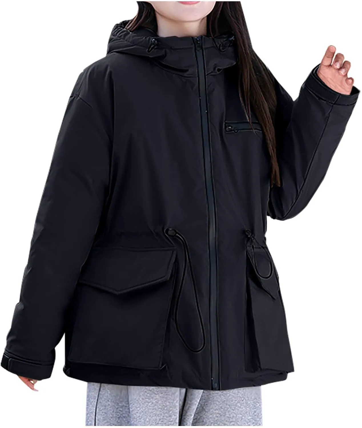 Womens Quilted Puffer Jacket with Hood Winter Long Sleeve Down Coat Zipper Parkas Drawstring Outerwear with Pockets