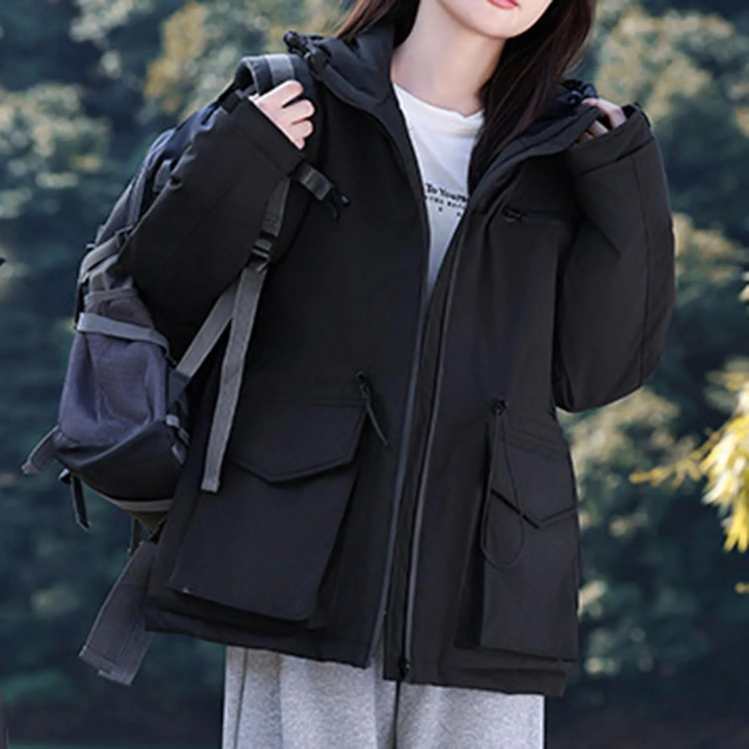 Womens Quilted Puffer Jacket with Hood Winter Long Sleeve Down Coat Zipper Parkas Drawstring Outerwear with Pockets