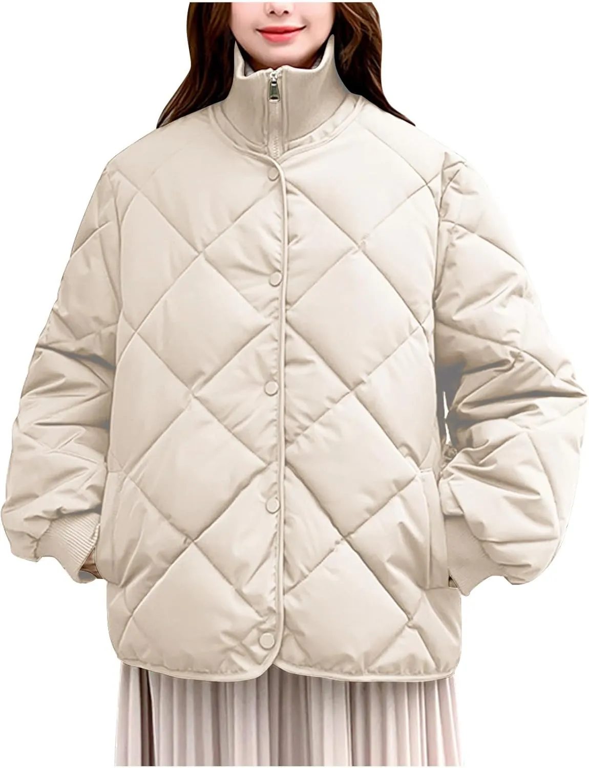 Womens Quilted Puffer Jackets Winter Oversized Down Jacket Stand Collar Warm Puffy Jacket Casual Outwear with Pockets