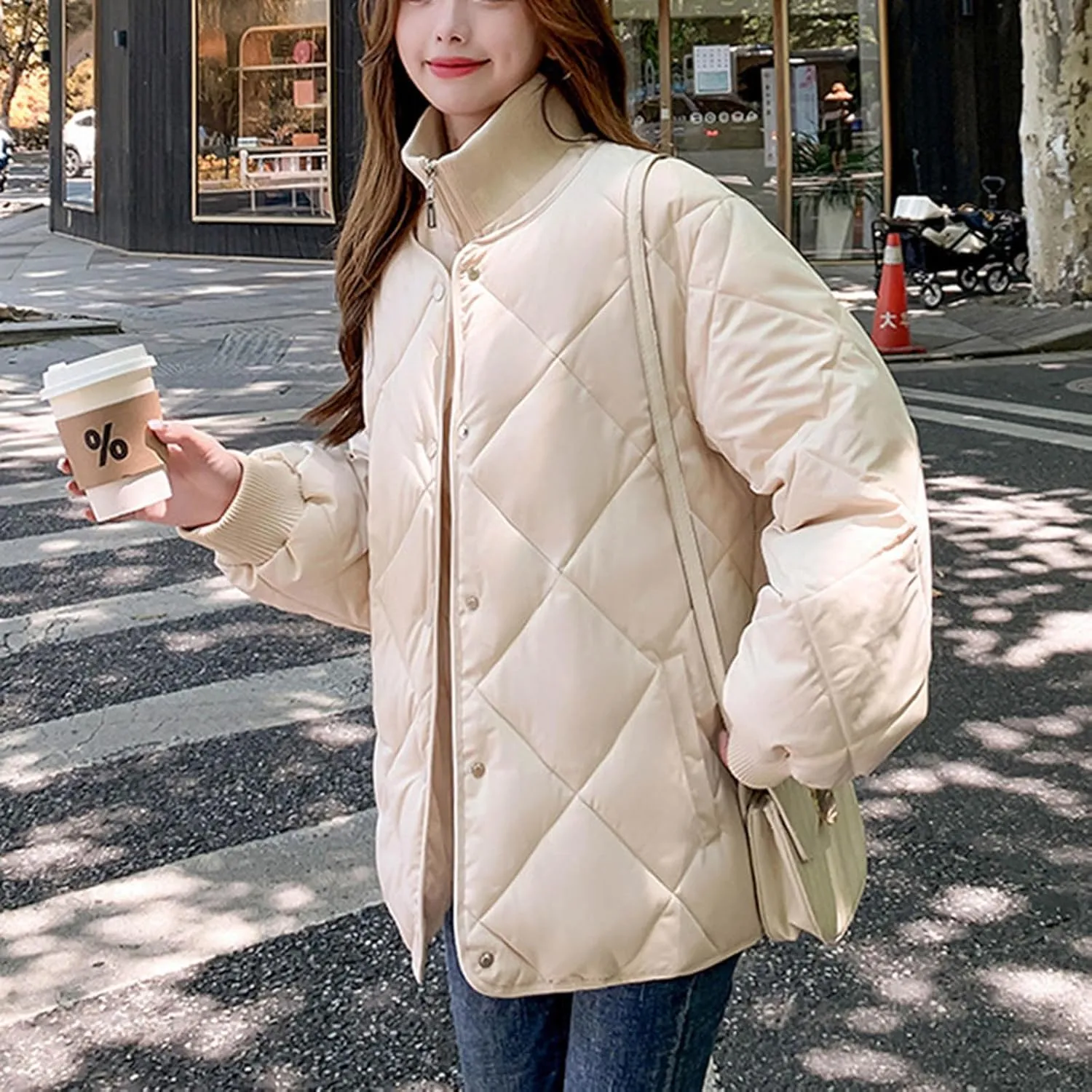 Womens Quilted Puffer Jackets Winter Oversized Down Jacket Stand Collar Warm Puffy Jacket Casual Outwear with Pockets