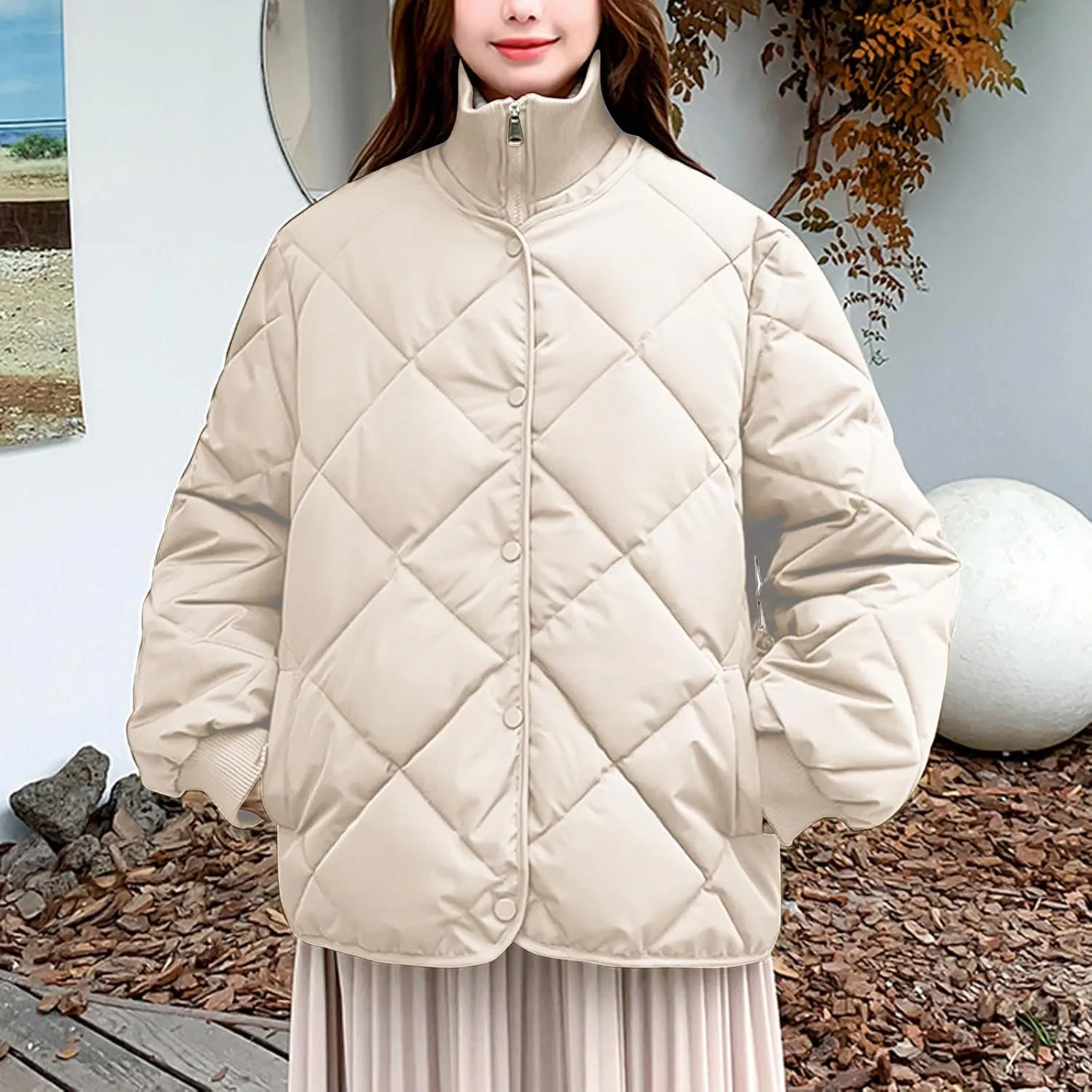 Womens Quilted Puffer Jackets Winter Oversized Down Jacket Stand Collar Warm Puffy Jacket Casual Outwear with Pockets