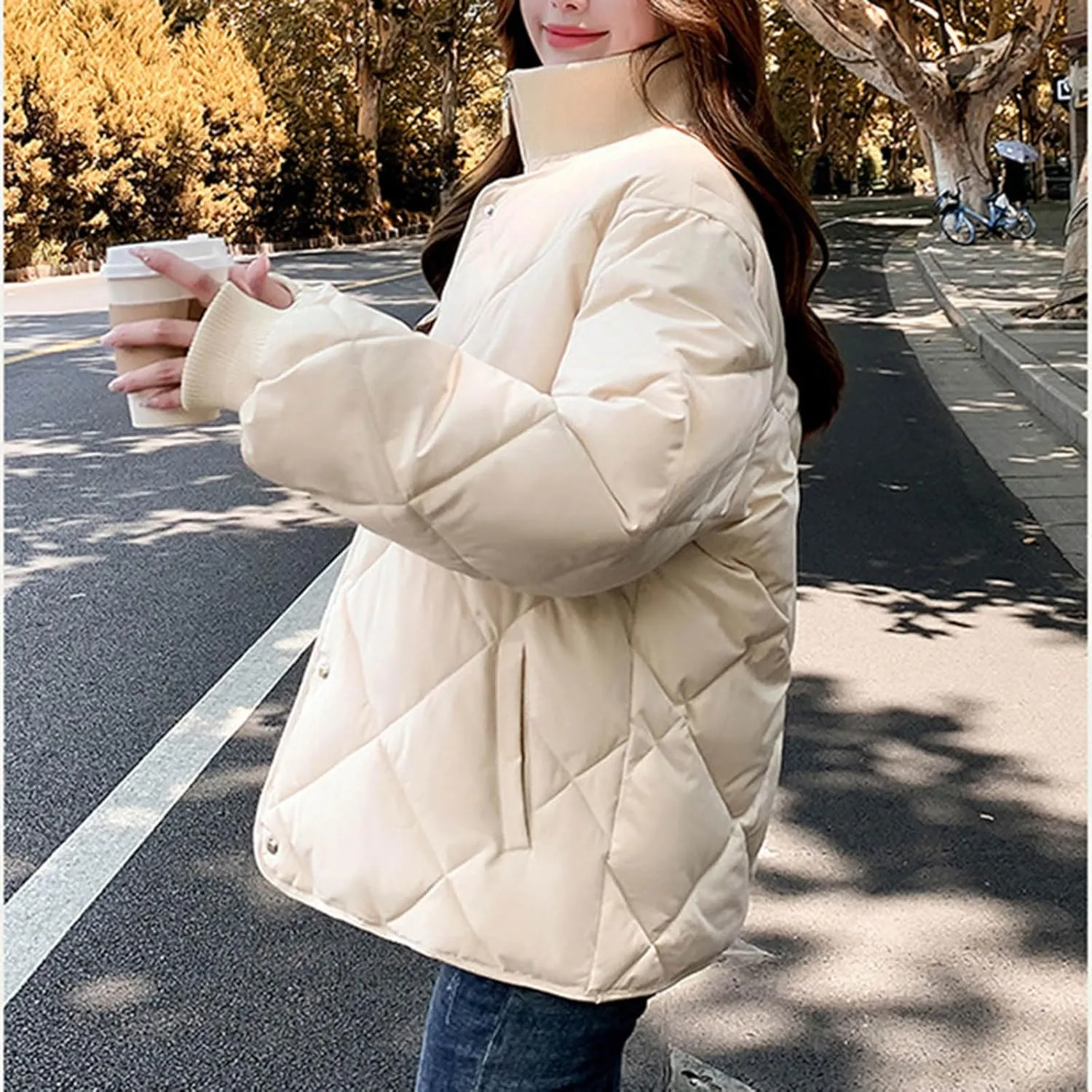 Womens Quilted Puffer Jackets Winter Oversized Down Jacket Stand Collar Warm Puffy Jacket Casual Outwear with Pockets