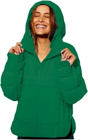 Women's Quilted Pullover Puffer Jacket Lightweight Button Long Sleeve Coat Oversized Packable Hooded Jacket Tops