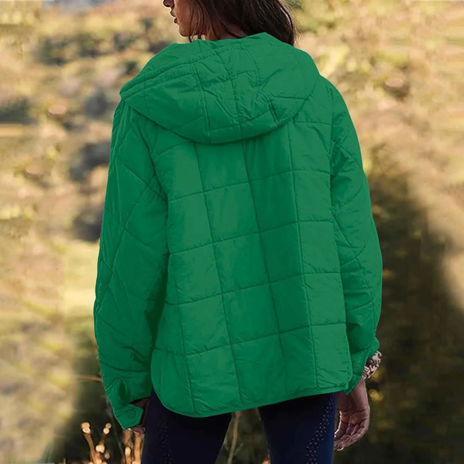 Women's Quilted Pullover Puffer Jacket Lightweight Button Long Sleeve Coat Oversized Packable Hooded Jacket Tops