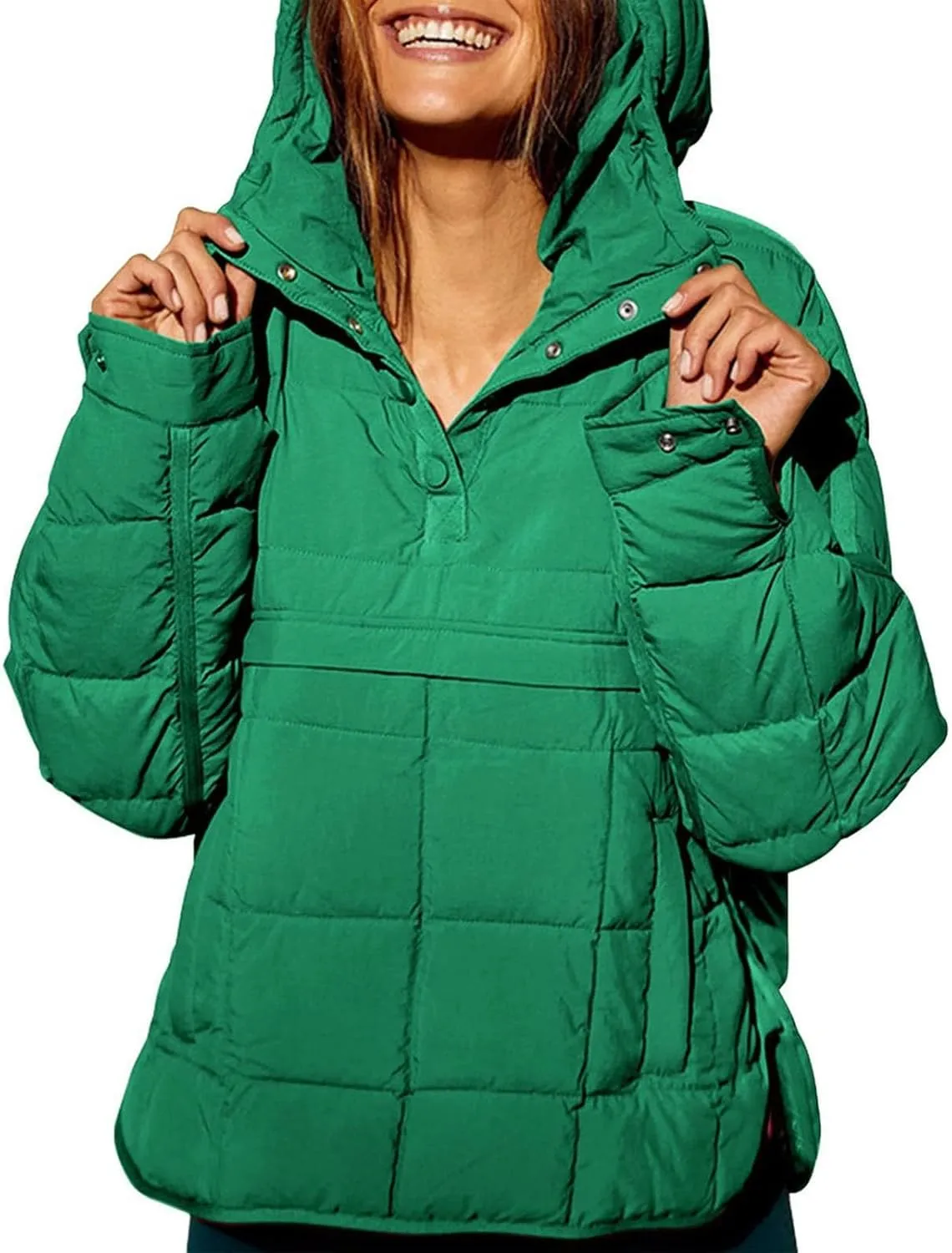 Women's Quilted Pullover Puffer Jacket Lightweight Button Long Sleeve Coat Oversized Packable Hooded Jacket Tops