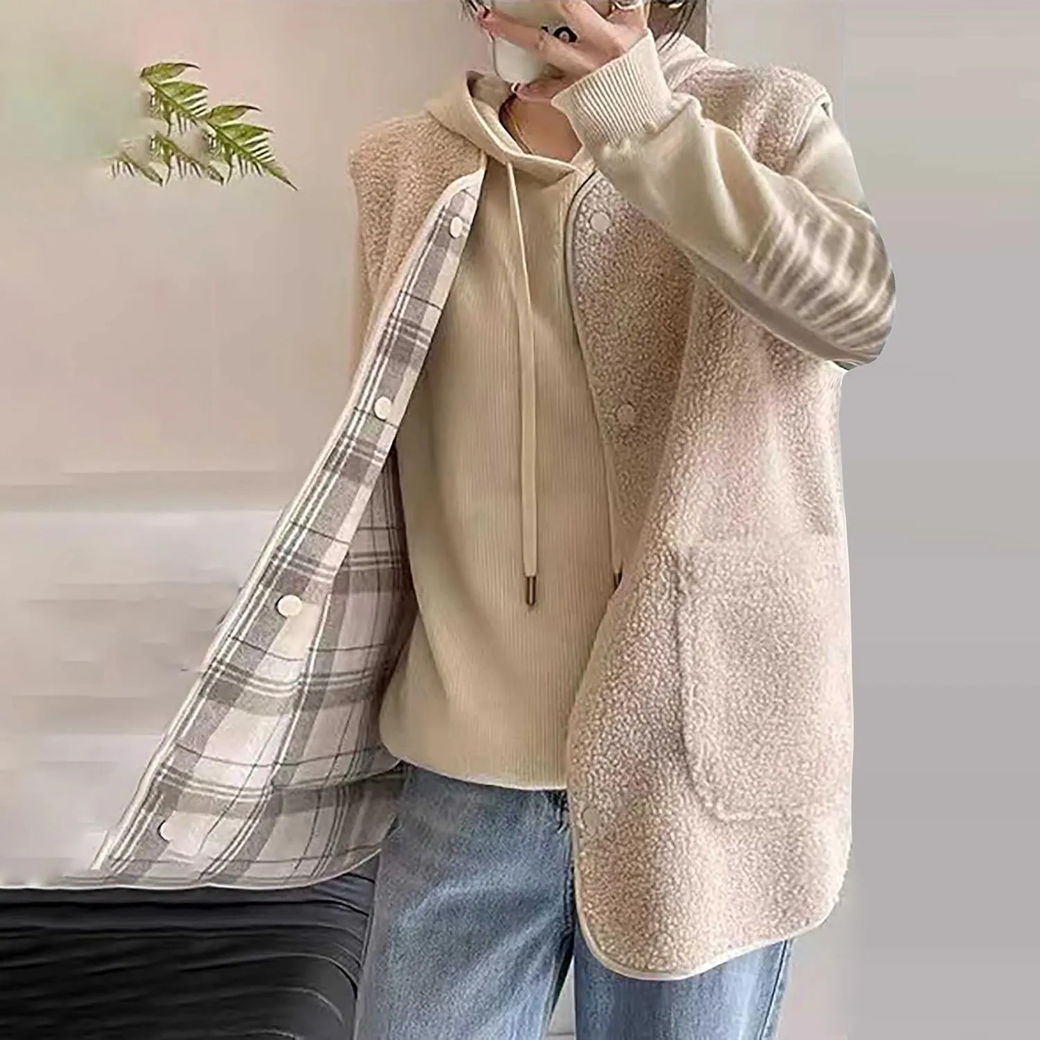 Womens Reversible Plaid Sherpa Vest Fuzzy Fleece Jacket Lightweight Cozy Sleeveless Cardigan Button Up Waistcoat Gilet