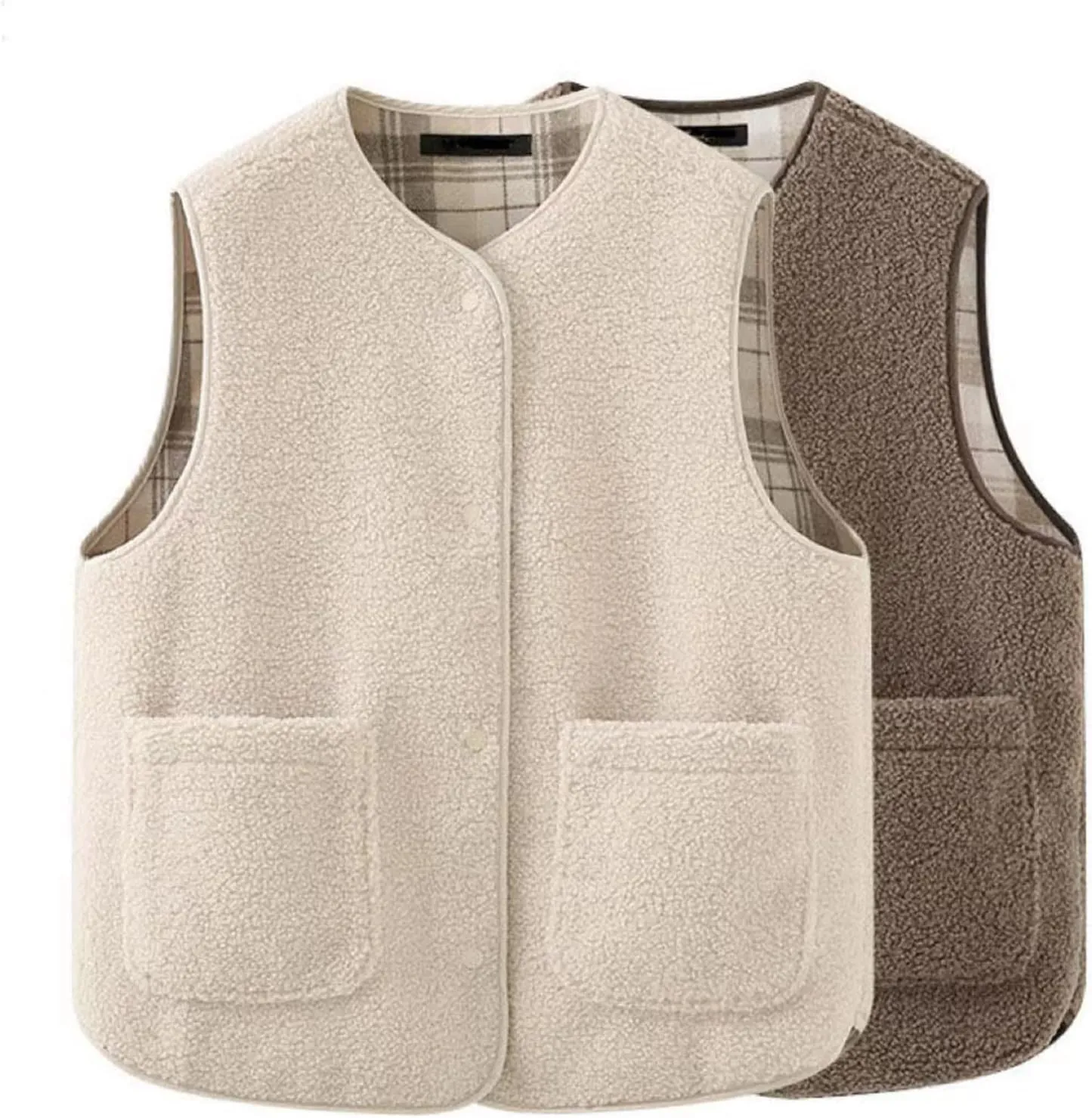 Womens Reversible Plaid Sherpa Vest Fuzzy Fleece Jacket Lightweight Cozy Sleeveless Cardigan Button Up Waistcoat Gilet