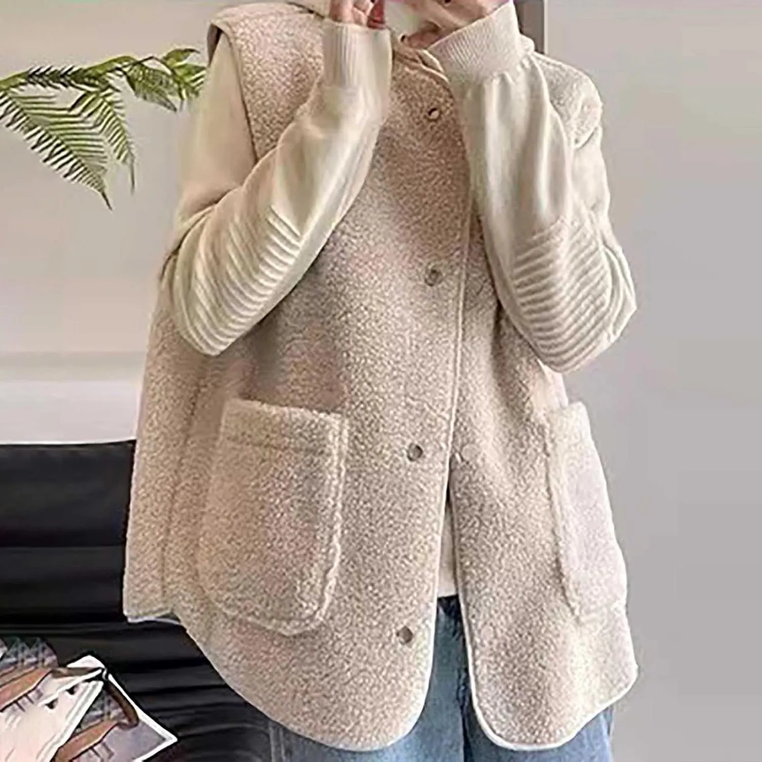 Womens Reversible Plaid Sherpa Vest Fuzzy Fleece Jacket Lightweight Cozy Sleeveless Cardigan Button Up Waistcoat Gilet
