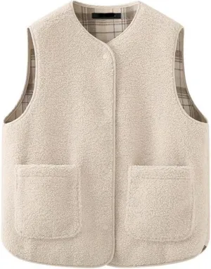 Womens Reversible Plaid Sherpa Vest Fuzzy Fleece Jacket Lightweight Cozy Sleeveless Cardigan Button Up Waistcoat Gilet