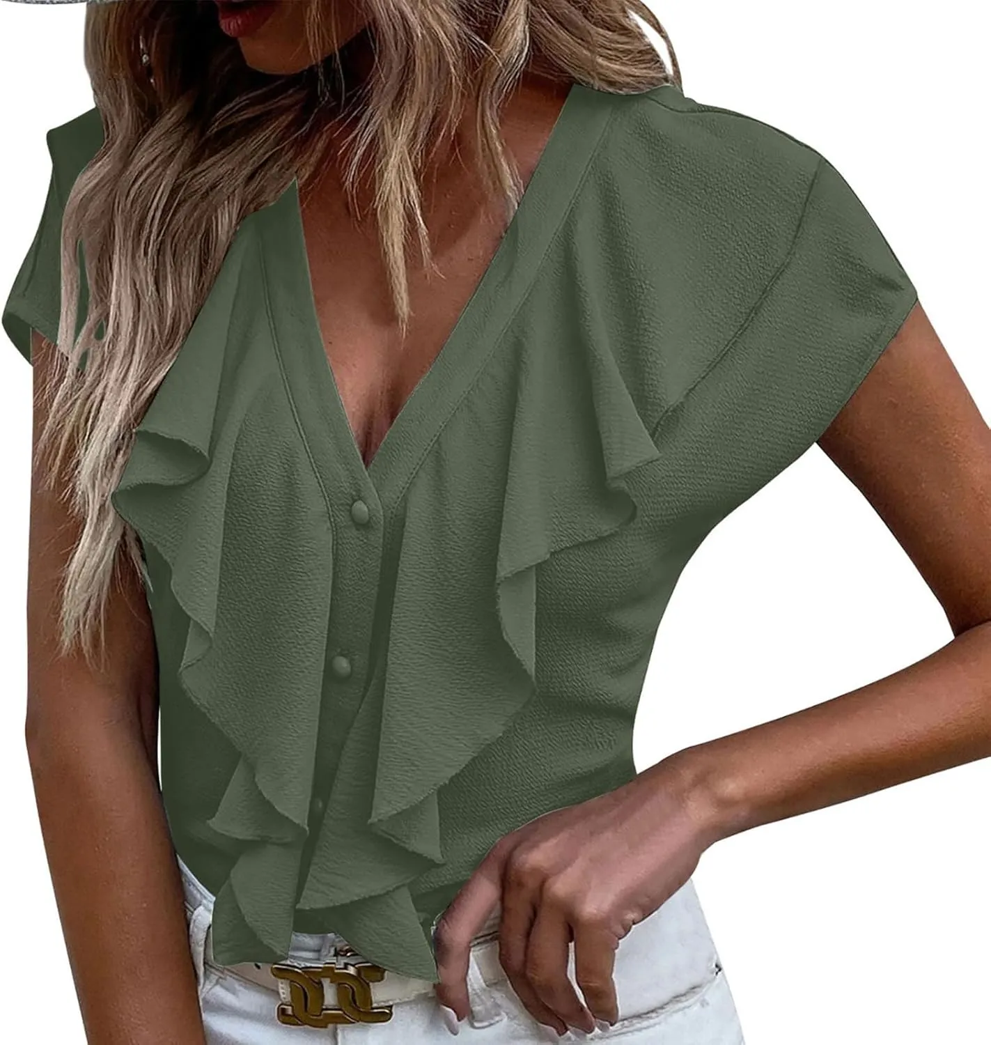 Womens Ruffle V Neck Tops Button Front Dressy Blouses Flutter Sleeve Shirts Casual Stylish Summer Workwear Tunic Tops