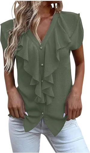 Womens Ruffle V Neck Tops Button Front Dressy Blouses Flutter Sleeve Shirts Casual Stylish Summer Workwear Tunic Tops