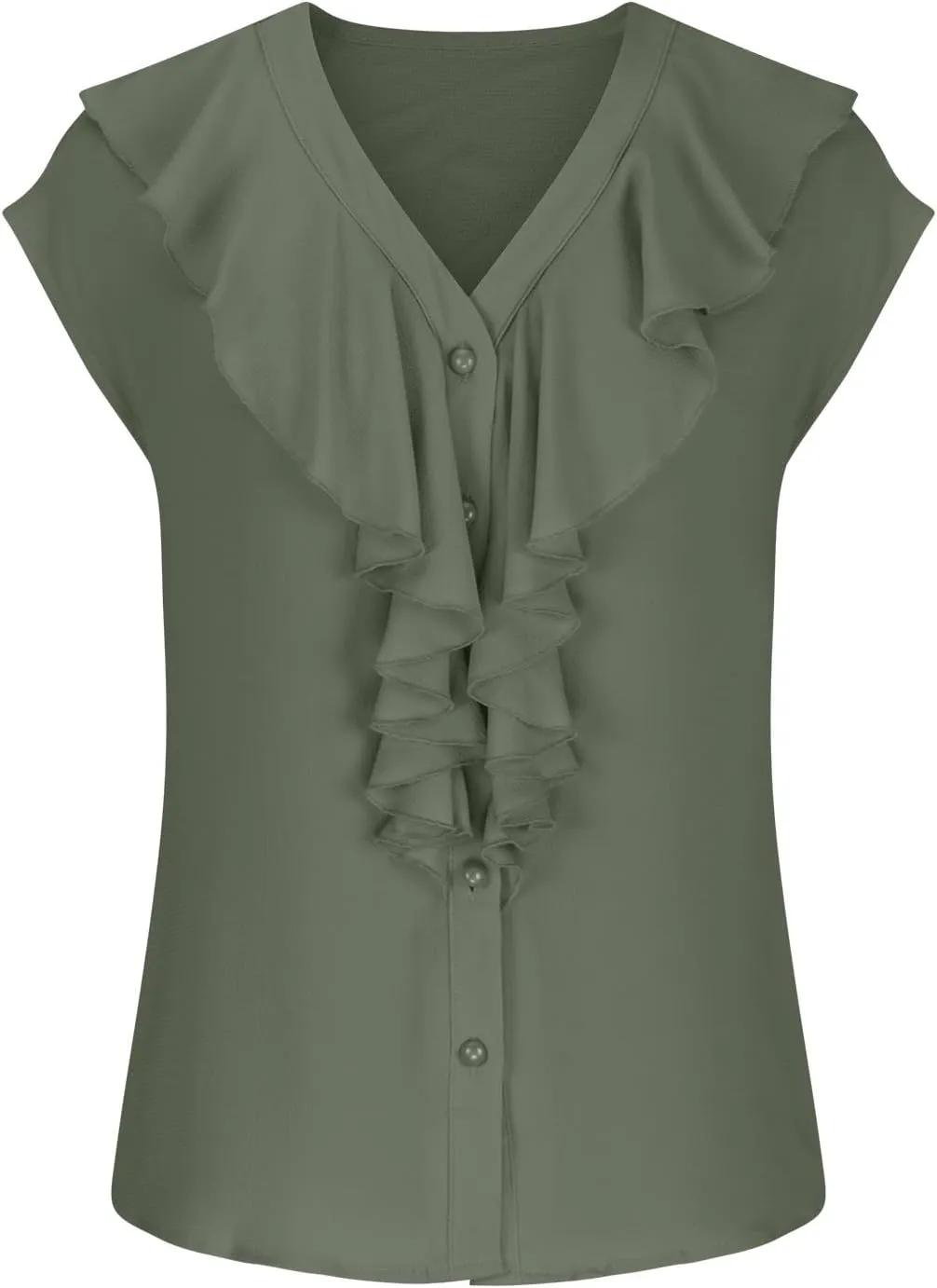 Womens Ruffle V Neck Tops Button Front Dressy Blouses Flutter Sleeve Shirts Casual Stylish Summer Workwear Tunic Tops