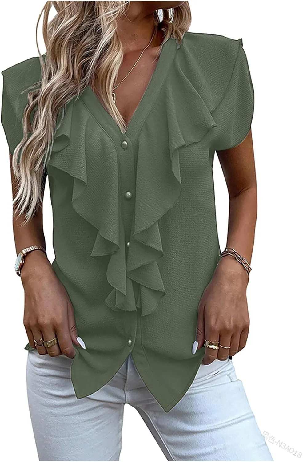 Womens Ruffle V Neck Tops Button Front Dressy Blouses Flutter Sleeve Shirts Casual Stylish Summer Workwear Tunic Tops