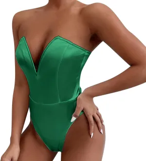 Women's Sexy V Neck Strapless Tube Top Bodysuits High Waist Thong Leotard Going Out Party Nightclub Clothing with Snap Cortch