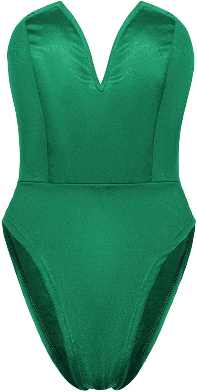 Women's Sexy V Neck Strapless Tube Top Bodysuits High Waist Thong Leotard Going Out Party Nightclub Clothing with Snap Cortch