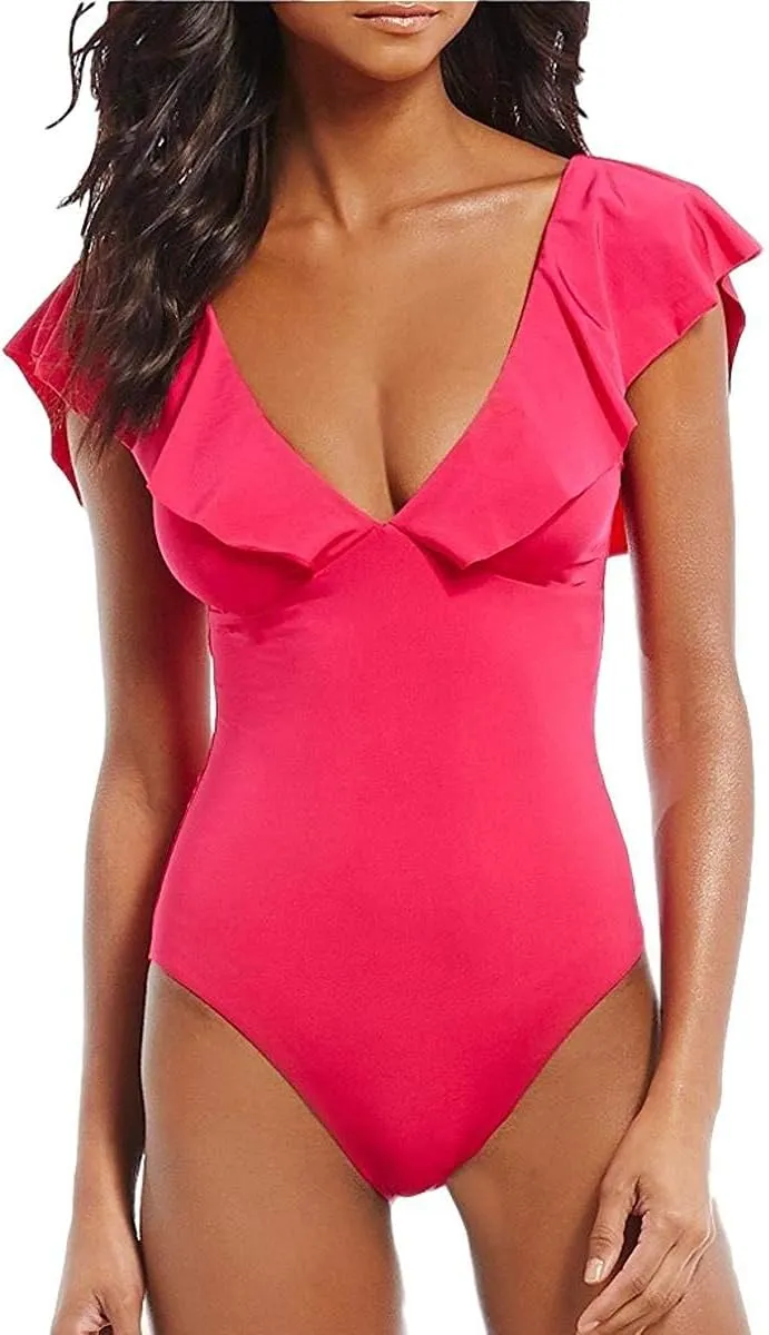 Women's Sexy V-Plunge One-Piece Swimsuit,Studio Solids Ruffle Sleeve Swimwear Bathing Suit