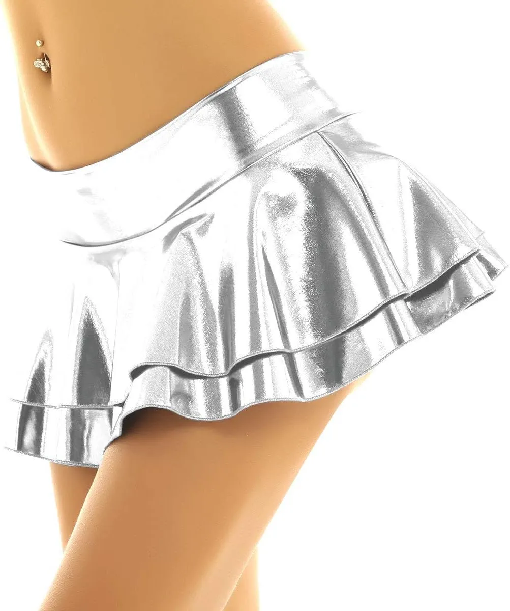 Women's Shiny Flared Pleated Mini Skater Skirt Solid Novelty Metallic Ruffle Lingerie Skirts