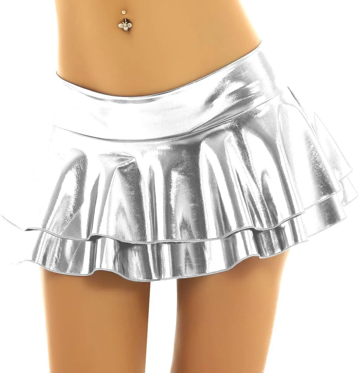 Women's Shiny Flared Pleated Mini Skater Skirt Solid Novelty Metallic Ruffle Lingerie Skirts