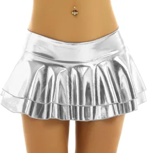 Women's Shiny Flared Pleated Mini Skater Skirt Solid Novelty Metallic Ruffle Lingerie Skirts